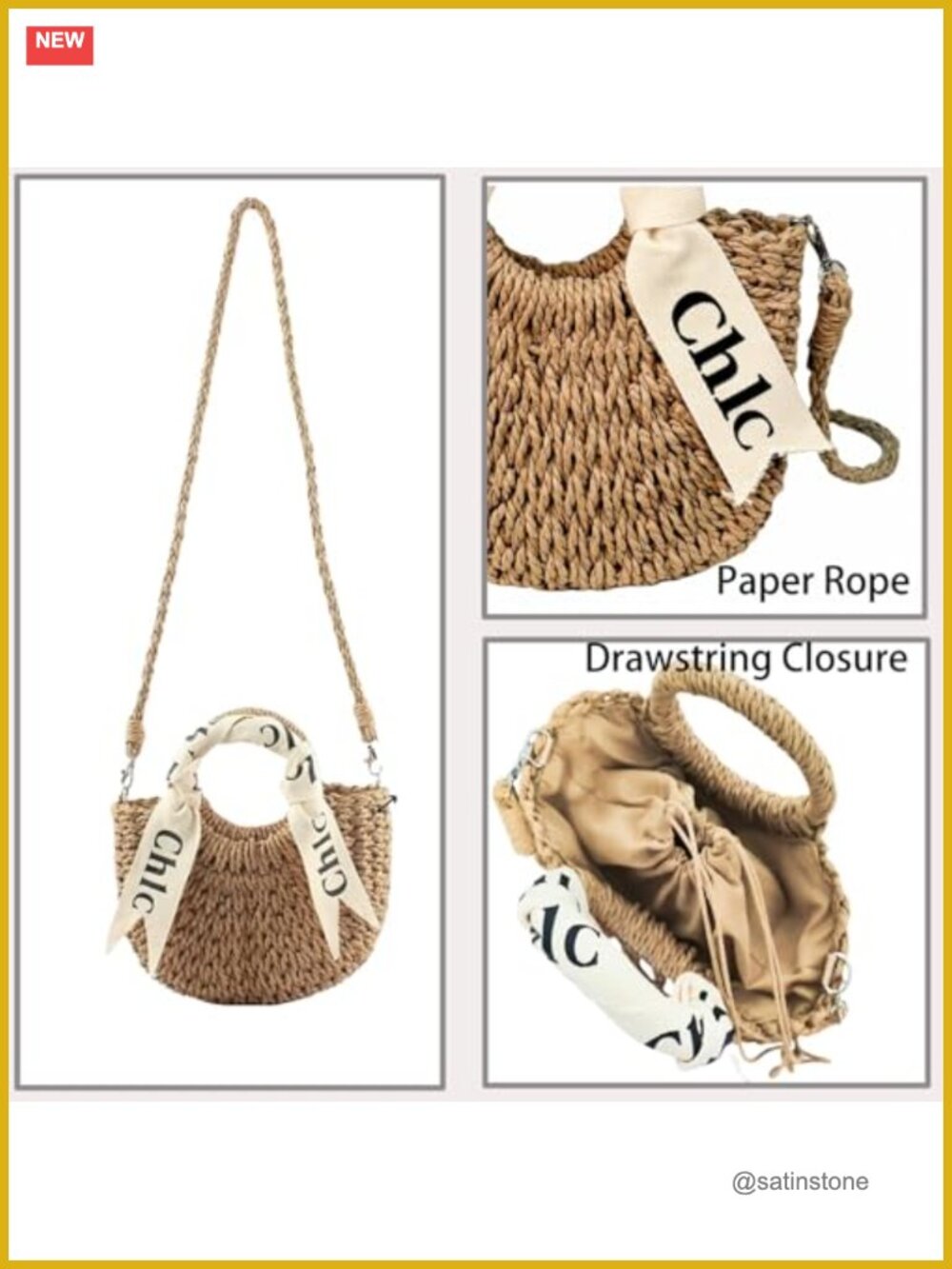 Handwoven Paper Rope Straw Shoulder Crossbody Beach Bag - Picture 6 of 7